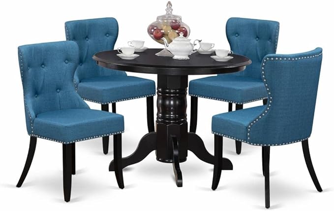 East West Furniture SHSI5-BLK-21 5 Piece Dining Table Set for 4 Includes a Round Kitchen Table with Pedestal and 4 Blue Linen Fabric Parsons Dining Chairs, 42x42 Inch, Black