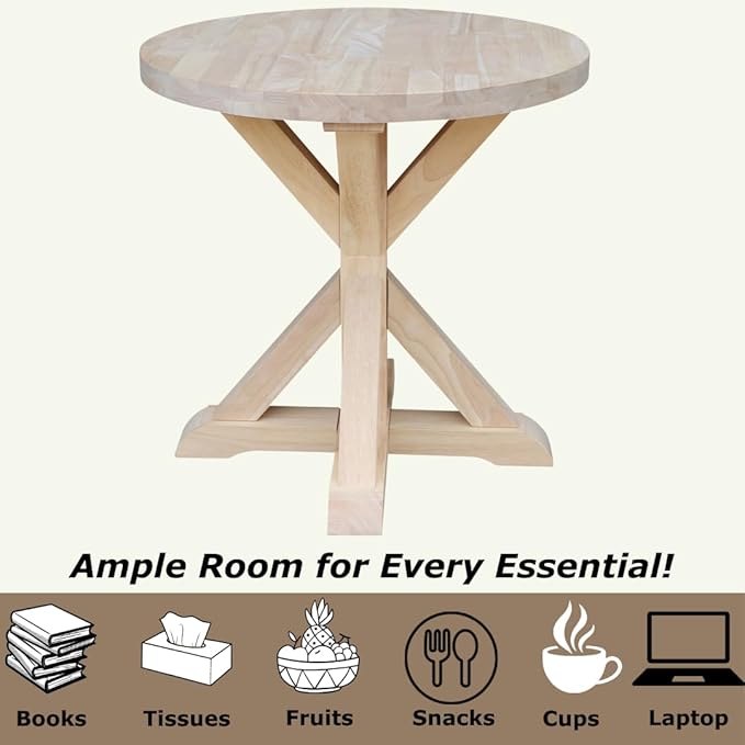 IC International Concepts, Sierra Round End Table, Solid Wood, Real Parawood, 26" W x 26" D x 26" H, Easy Assembly, DIY, Paint or Stain Your Way, Unfinished