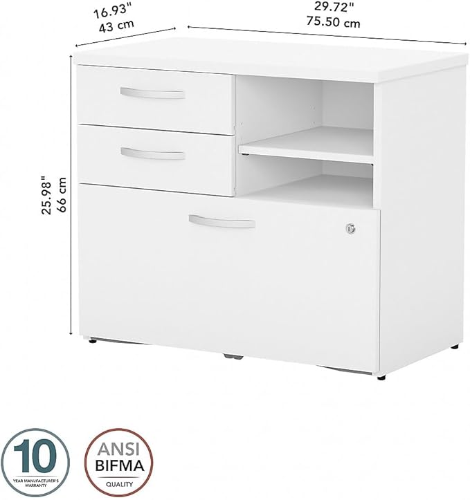 Bush Business Furniture Studio C Office Storage Cabinet with Drawers and Shelves in White, Organization for Home or Professional Workspace