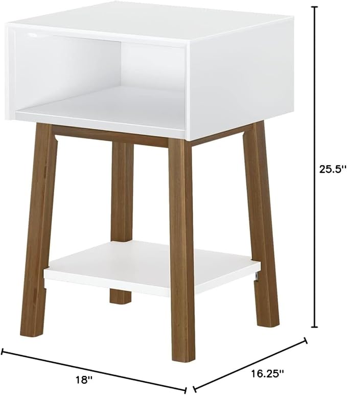 Plank+Beam Wooden Side Table with Cubby Storage Shelf, Mid Century Modern End Tables for Living Room, Small Solid Wood Nightstand, Bedside Tables, Bedroom Furniture, White/Pecan