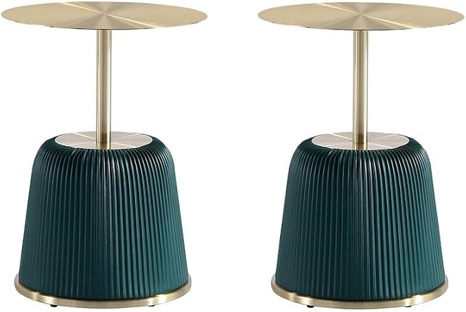 Manhattan Comfort Anderson Modern 15.75" Round End Tables 1.0 - Elegant Leatherette Upholstered Base with Pleated Design & Gold Steel Tabletop, Fully Assembled Accent Furniture, Set of 2, Green