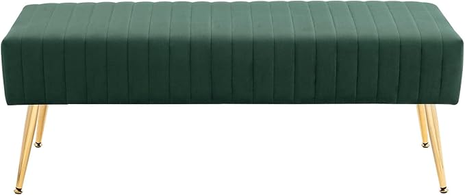Furniliving 44 Inch Entryway Benches, Upholstered Tufted Striped Fabric Ottoman Bench with Polished Gold Metal Legs for Living Room, Solid Wood Indoor Bench for Foyer (DarkGreen)