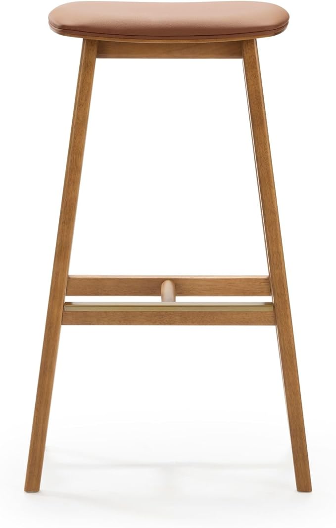 Plank+Beam Beryl Bar Height Stool - Mid-Century Modern Rubberwood Bar Stool with Faux Leather Seat, Metal Footrest, Easy Assembly, 4-Pack, Pecan/Toffee