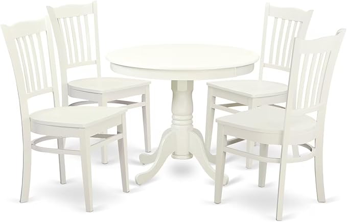East West Furniture ANGR5-LWH-W 5 Piece Dining Table Set for 4 Includes a Round Kitchen Table with Pedestal and 4 Dining Room Chairs, 36x36 Inch, Linen White