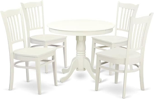 East West Furniture ANGR5-LWH-W 5 Piece Dining Table Set for 4 Includes a Round Kitchen Table with Pedestal and 4 Dining Room Chairs, 36x36 Inch, Linen White