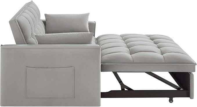 KEIKI Velvet Loveseat Convertible Sofa Bed Sleeper Chair with Adjustable Backrest, Pillows & Storage Pockets, 3 in 1 Pull-Out Couch Chaise Lounge Recliner for Living Room Balcony Bedroom, Grey