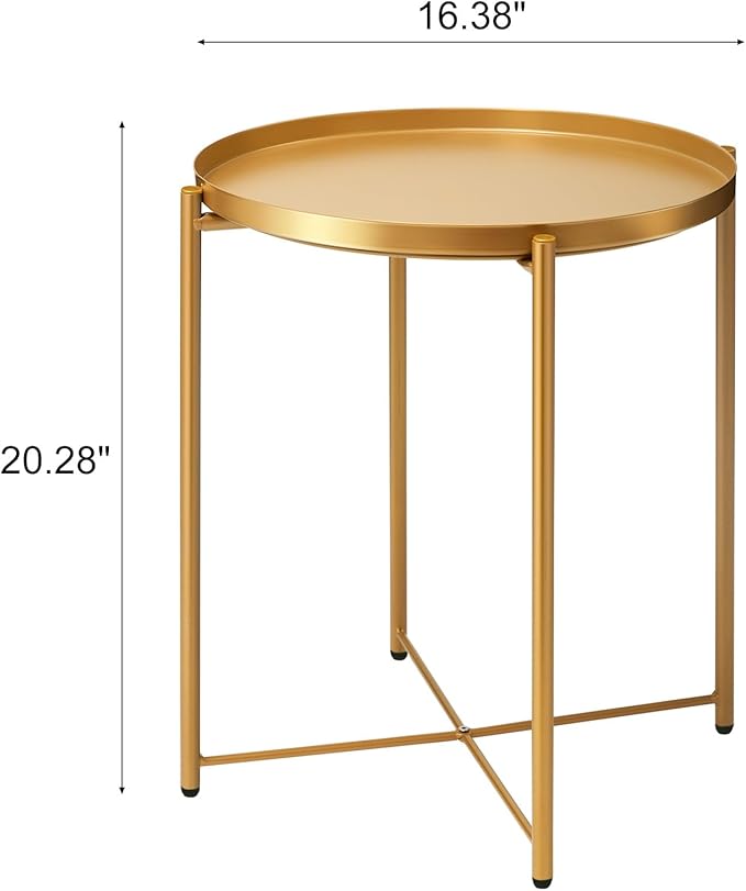 danpinera Gold Side Table 2 Pack, End Table for Small Spaces Outdoor Accent Table Round Metal Patio Coffee Table Waterproof Removable Tray for Living Room Bedroom Balcony Office