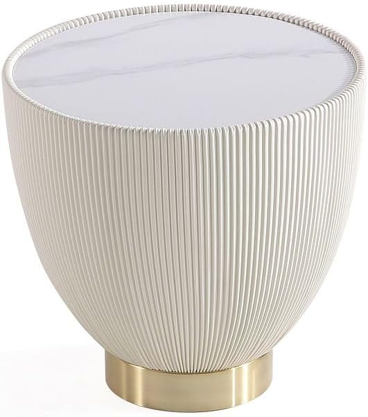 Manhattan Comfort Anderson Modern 18" Round End Table 2.0 | Ceramic Marble Tabletop, Elegant Pleated Leatherette Design & Gold Stainless Steel Base, Fully Assembled Accent Furniture, Set of 1, Cream