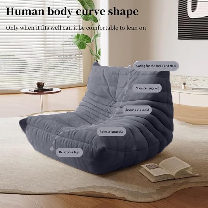 Bean Bag Chair - Memory Foam Bean Bag Chair for Adults, Comfy High-Resilience Single Sofa, Small Space Floor Chair, Chaise Lounge for Living Room, Bedroom (Dark Blue, Wrinkles)