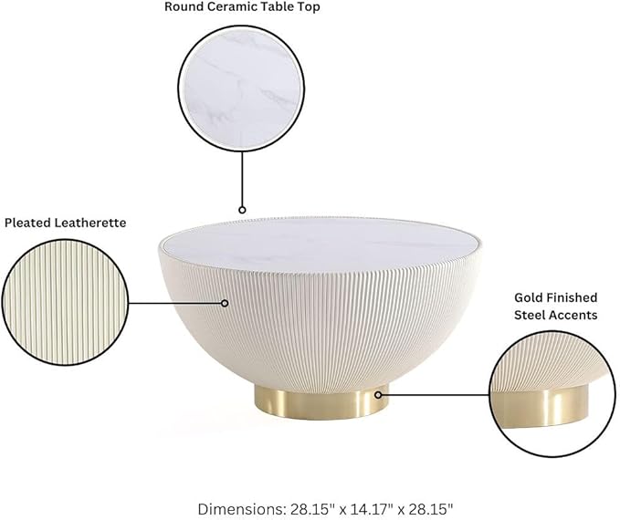 Manhattan Comfort Anderson Modern 28.15" Round Coffee Table 2.0 - Ceramic Marble Tabletop, Elegant Pleated Leatherette Details & Gold Base, Fully Assembled Accent Furniture, Set of 1, Cream