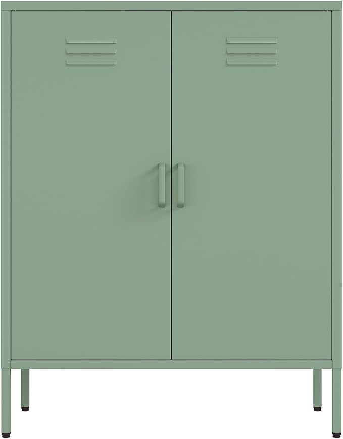 Manhattan Comfort Naomi Modern Metal Accent Cabinet, Minimalist Storage Cabinet with Doors & Adjustable Shelves, Vented Doors, Sturdy Steel Build, Versatile & Multi-Purpose Home Furniture, Green