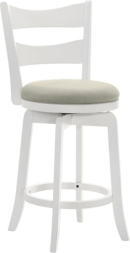 Armen Living Blair 30 in. Matte White Bar Height Rubberwood Swivel Barstool with Fog Fabric Seat