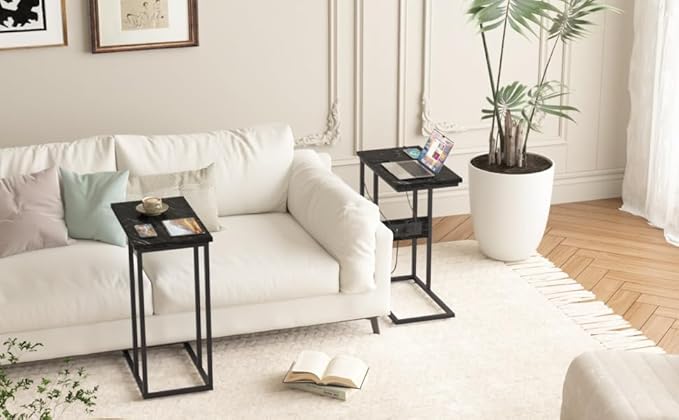 VECELO C Shaped End Side Table with Charging Station & Power Outlets for Couch Sofa/Bed Snack TV Tray with Metal Frame for Living Room Bedroom 1 Set, Black Marble