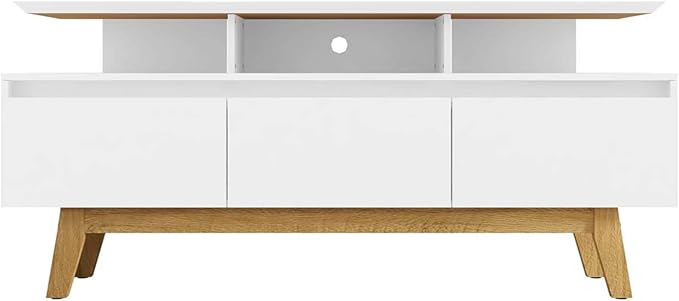 Manhattan Comfort Yonkers 63 Inch Mid Century Modern TV Stand with Storage, 3 Flip Down Door, Hole for Wire Management, Fits Up to 60" Television, Durable & Versatile Console Table, White