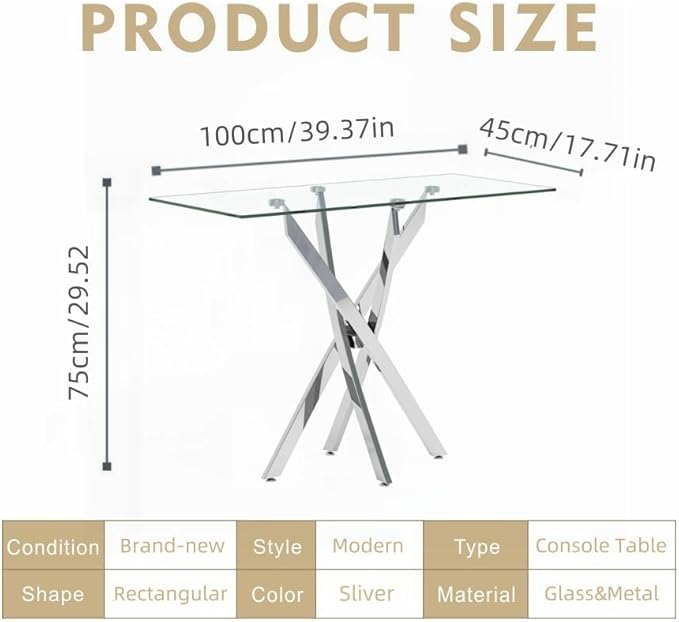 Tempered Glass Console Table with Chromed Legs, Modern Narrow Sofa Table for Hallway Entryway (Sliver, 39"x18"x30")