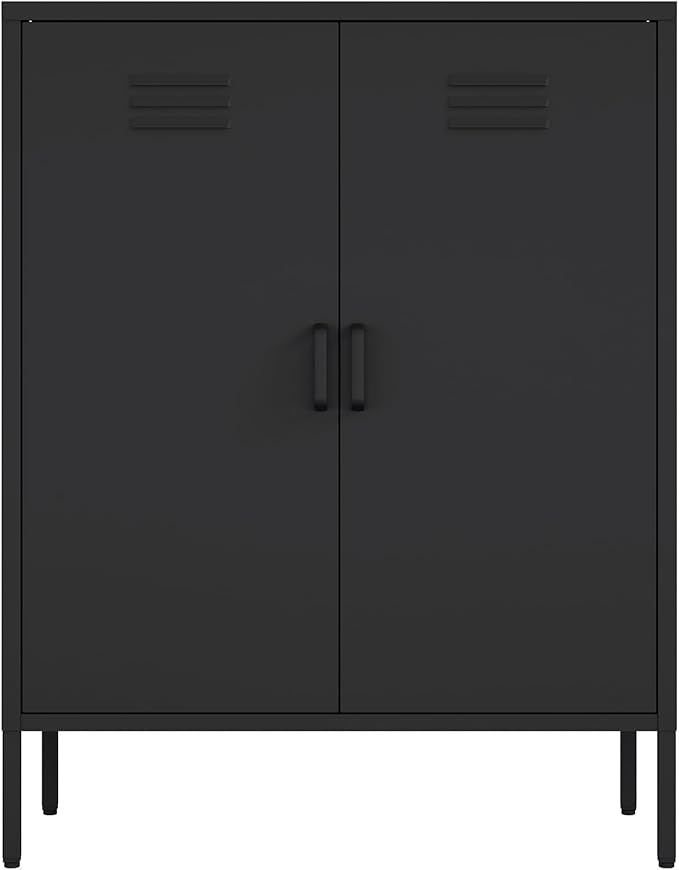 Manhattan Comfort Naomi Modern Metal Accent Cabinet, Minimalist Storage Cabinet with Doors & Adjustable Shelves, Vented Doors, Sturdy Steel Build, Versatile & Multi-Purpose Home Furniture, Black