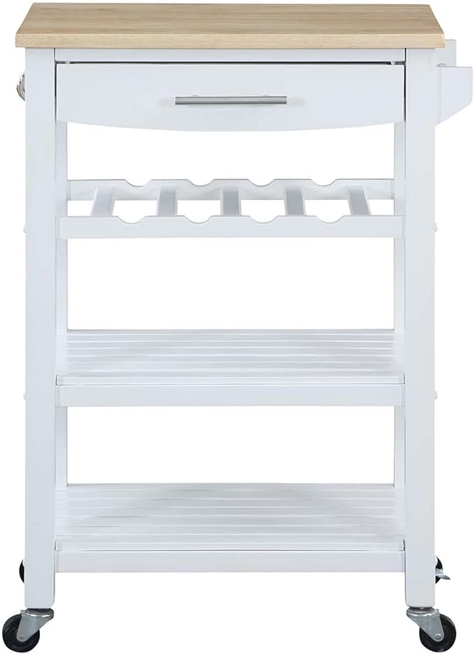 Convenience Concepts Ellaine 4 Tier Kitchen Cart with Drawer and Wine Rack, 24.75", White/Butcher Block