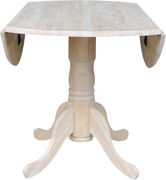IC International Concepts, Round Dual Drop Leaf Pedestal Dining Table, Solid Real Wood, Sturdy Parawood, Dimensions 42"D x 42"W x 29.5"H, 40lbs Capacity, Paint/Stain Ready, Unfinished
