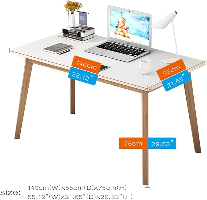 IOTXY Simple Wooden Writing Desk - Modern Minimalist Style PC Laptop Computer Workbench with Solid Wood Legs, 55" W Home Office Work Table for TV Stand Music Video Live Broadcast Workstation, White