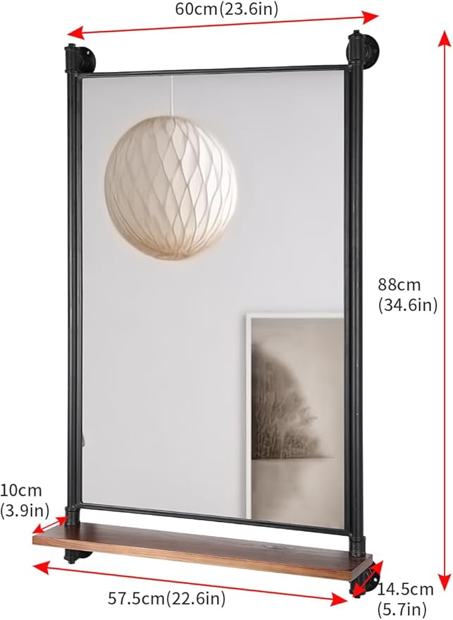 Industrial Pipe Mirror Wood Shelves,Bedroom Mirror with Shelf,Rectangle Iron Wall Mirrors for Living Room Bedroom(34.6 x 23.6 in)