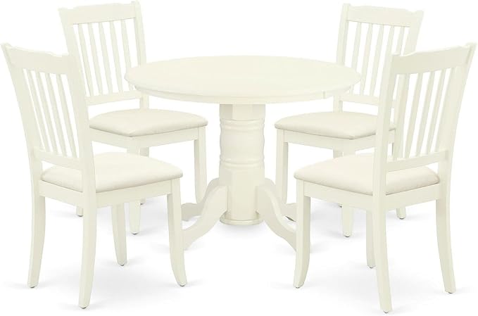 East West Furniture SHDA5-WHI-C 5 Piece Modern Dining Table Set Includes a Round Kitchen Table with Pedestal and 4 Linen Fabric Kitchen Dining Chairs, 42x42 Inch, Linen White