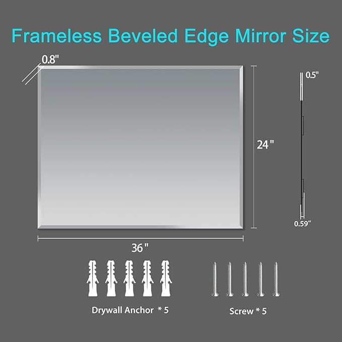 Frameless Beveled Edge Bathroom Mirror 36x24 Inch Rectangle Wall Mirror Explosion Proof and Shatterproof Bathroom Vanity Mirror Wall Mounted Hang Firmly (Horizontal or Vertical)