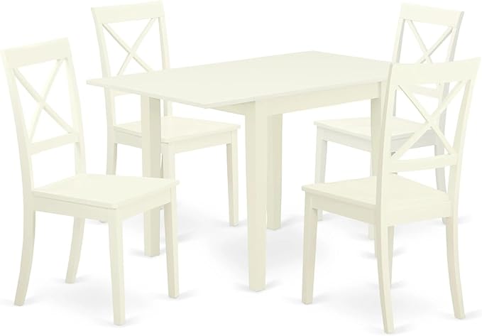East West Furniture NDBO5-LWH-W 5 Piece Dining Room Table Set Includes a Rectangle Dining Table with Dropleaf and 4 Wood Seat Chairs, 30x48 Inch, Linen White