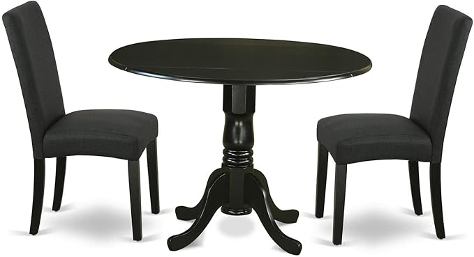 East West Furniture DLDR3-BLK-24 3 Piece Kitchen Table Set Contains a Round Dining Table with Dropleaf and 2 Black Color Linen Fabric Upholstered Chairs, 42x42 Inch, Black