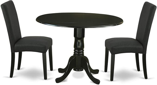 East West Furniture DLDR3-BLK-24 3 Piece Kitchen Table Set Contains a Round Dining Table with Dropleaf and 2 Black Color Linen Fabric Upholstered Chairs, 42x42 Inch, Black