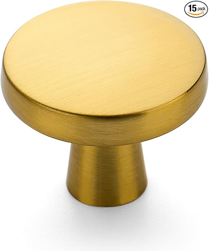 Ravinte 15 Pack Drawer Pulls 1-1/4 Inch Brushed Brass Kitchen Cabinet Knobs Solid Round Gold Dresser Handles for Simple Cupboard Hardware