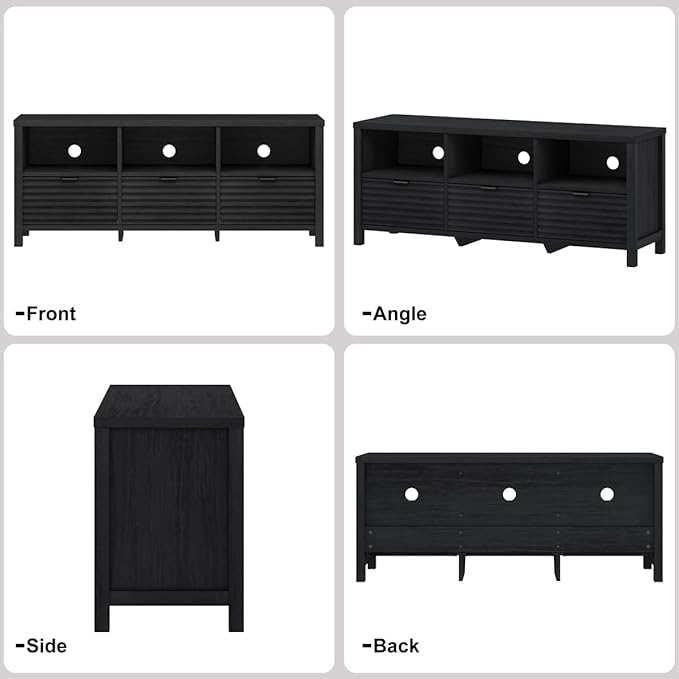 BON AUGURE Black TV Stand, Modern Entertainment Center with Storage Drawers for 65 55 50 in TVs, Wood Fluted Television Media Console Cabinet for Living Room, Bedroom (Black Oak)