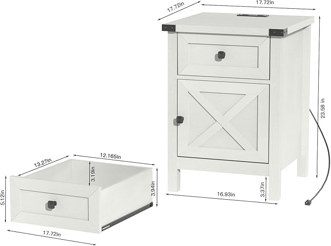 Farmhouse Nightstand with Charging Station, White Side Table, Rustic End Table with Barn Door and Drawer, Rustic Floating Nightstands Modern Bed Side Table Night Stand for Bedroom and Living Room