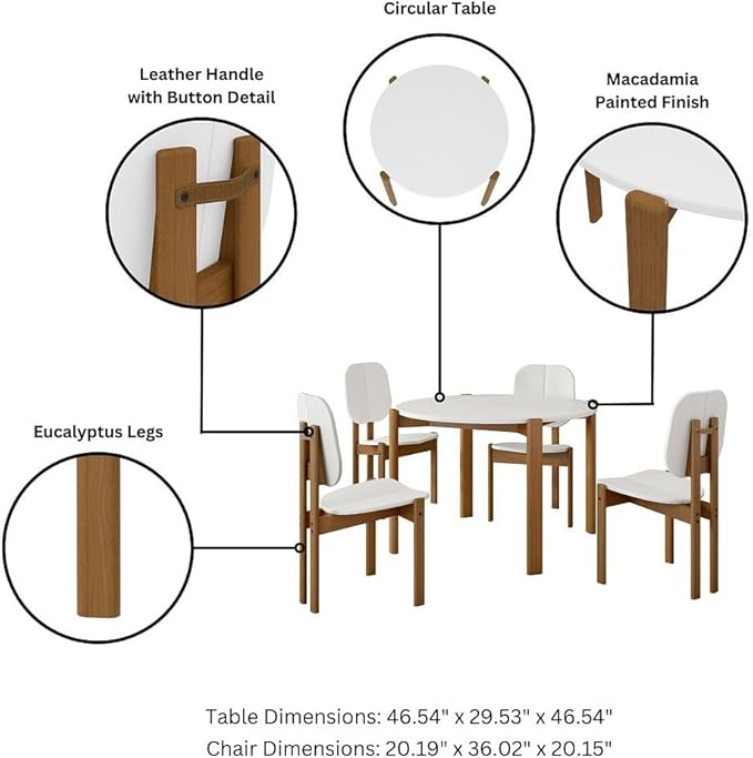 Manhattan Comfort Mid-Century Modern Gales Round 46.54 Dining Table with Solid Wood Legs in White - Set of 5