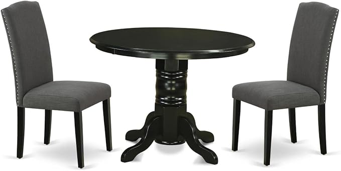 East West Furniture SHEN3-BLK-20 3 Piece Dining Room Set Contains a Round Kitchen Dining Table with Pedestal and 2 Dark Gotham Linen Fabric Upholstered Chairs, 42x42 Inch, Black