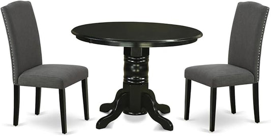 East West Furniture SHEN3-BLK-20 3 Piece Dining Room Set Contains a Round Kitchen Dining Table with Pedestal and 2 Dark Gotham Linen Fabric Upholstered Chairs, 42x42 Inch, Black