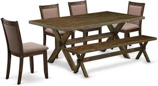 East West Furniture X777MZ748-6 6 Piece Modern Dining Table Set Contains a Rectangle Wooden Table with X-Legs and 4 Coffee Linen Fabric Parson Chairs with a Bench, 40x72 Inch, Multi-Color