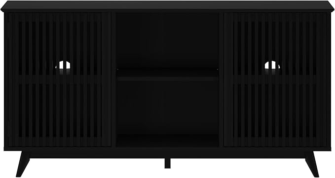 Plank+Beam Mid-Century Modern Wood TV Stand, Solid Wood Entertainment Console with Storage, 59" L x 16" W x 30" H, Black