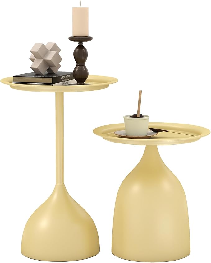 hitsuki Yellow Nesting Coffee Table Set of 2 Funky Colorful Round Metal End Side Tables for Living Room Sofa Retro Modern Pedestal nightstand Cute Matte Cream Yellow Side Table