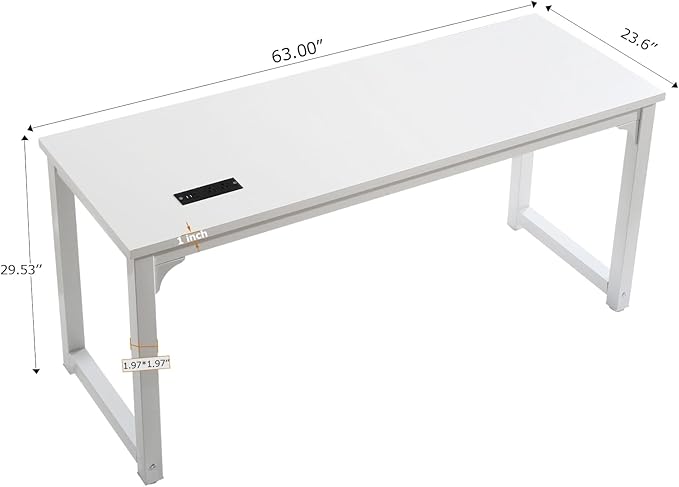 Large Computer Desk - 63 Inch Home Office Desks Study Student Writing Table Gaming Desk Wood Modern Simple Table with USB Ports, White