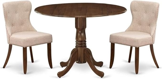 East West Furniture DLSI3-AWA-04 3 Piece Dining Set Contains a Round Kitchen Table with Dropleaf and 2 Upholstered Parson Chairs, 42x42 Inch, Antique Walnut