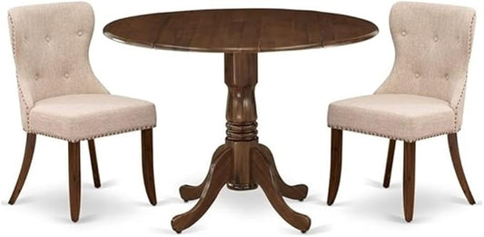 East West Furniture DLSI3-AWA-04 3 Piece Dining Set Contains a Round Kitchen Table with Dropleaf and 2 Upholstered Parson Chairs, 42x42 Inch, Antique Walnut