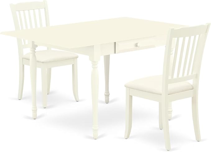 East West Furniture MZDA3-LWH-C 3 Piece Dining Room Table Set Contains a Rectangle Kitchen Table with Dropleaf and 2 Linen Fabric Upholstered Dining Chairs, 36x54 Inch, Linen White