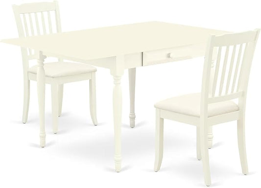 East West Furniture MZDA3-LWH-C 3 Piece Dining Room Table Set Contains a Rectangle Kitchen Table with Dropleaf and 2 Linen Fabric Upholstered Dining Chairs, 36x54 Inch, Linen White