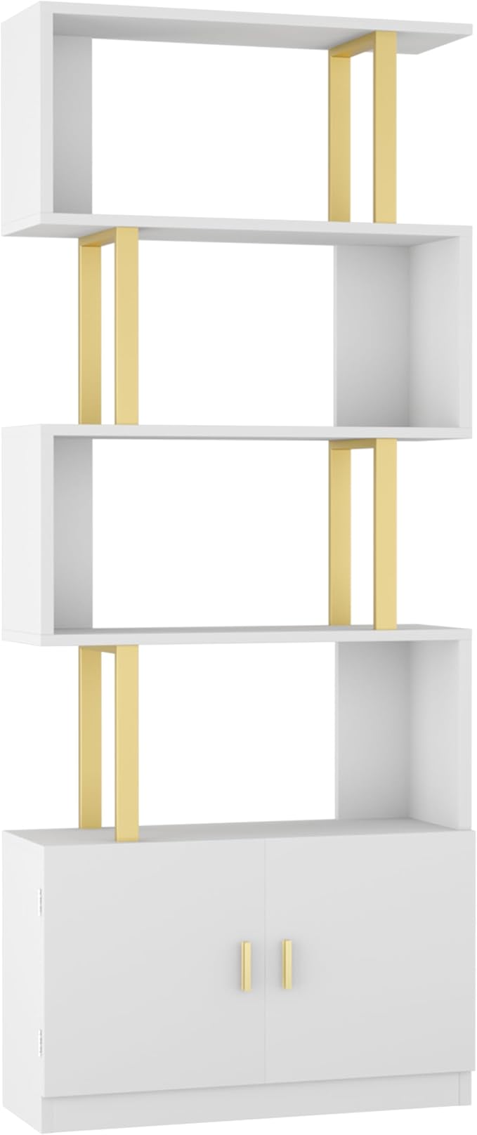 Yusong Geometric Bookcase with Cabinet, S Shaped Bookshelf 5-Tier Book Shelves for Bedroom, Modern Wood Decorative Display Shelf Tall Book Case for Home Office, Gold and White