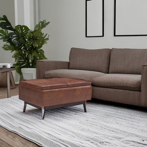 SIMPLIHOME Owen 34 inch Wide Mid Century Modern Rectangle Tray Top Small Coffee Table Storage Ottoman in Distressed Saddle Brown Vegan Faux Leather, Assembled, For the Living Room and Entryway