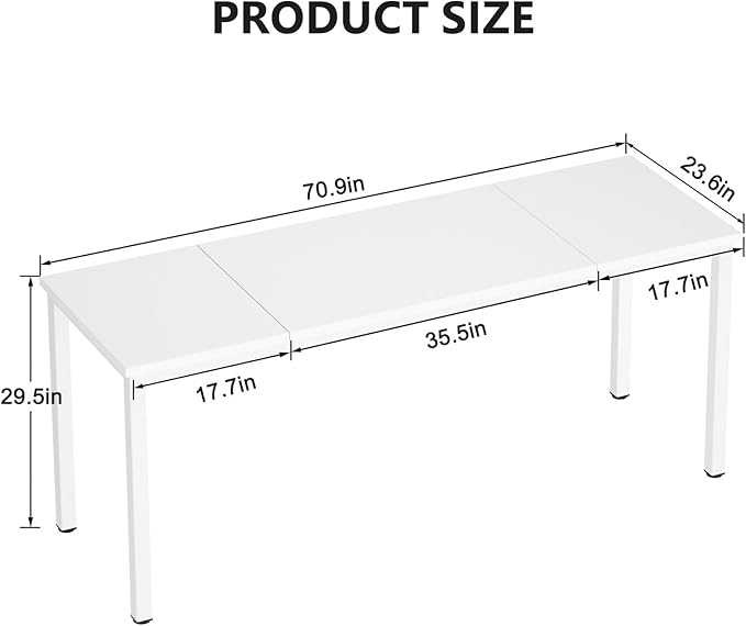DlandHome 71 inches X-Large Computer Desk, Composite Wood Board, Decent and Steady Home Office Desk/Workstation/Table,White,23.6Wide