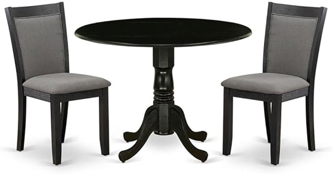 East West Furniture DLMZ3-AB6-50 3 Piece Dining Table Set Contains a Round Dining Room Table with Dropleaf and 2 Dark Gotham Grey Linen Fabric Upholstered Chairs, 42x42 Inch, Wirebrushed Black