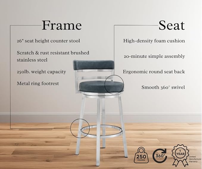 Armen Living Madrid 26" Seat Height Swivel Modern Blue Faux Leather and Brushed Stainless Steel Bar Stool for Kitchen Island Counter