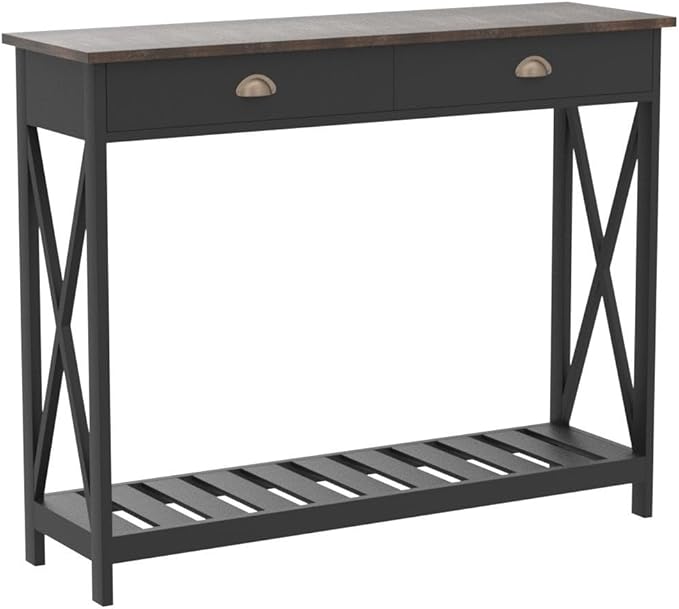 ChooChoo Farmhouse Console Table with Drawer for Entryway, Narrow Long Entry Table with Shelf for Living Room, Rustic Vintage Hallway Sofa Table with Stable X Supports, 40 Black
