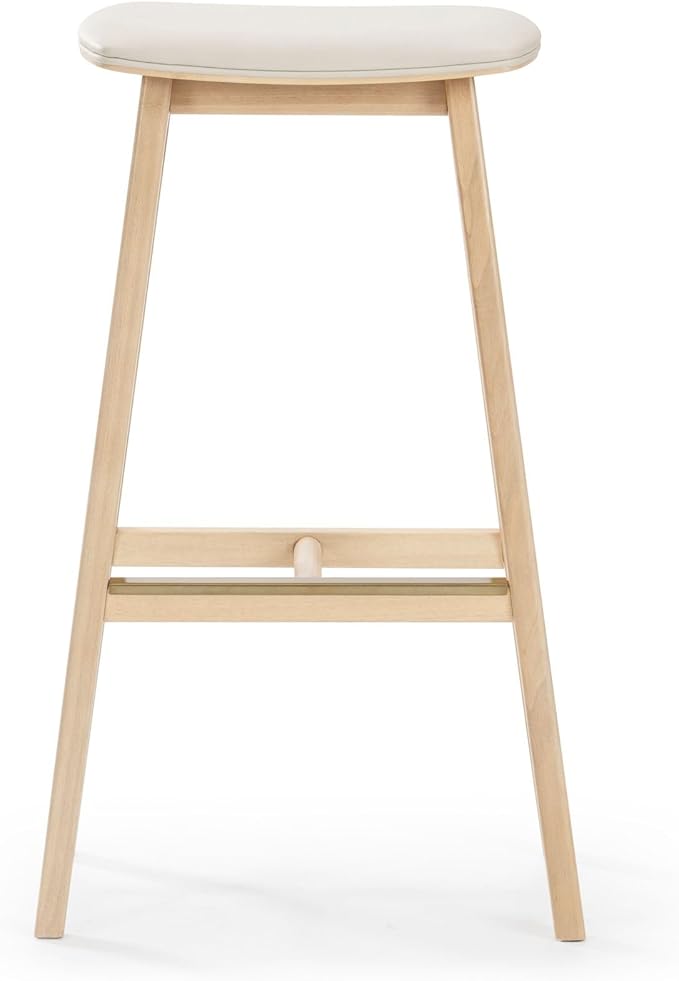 Plank+Beam Beryl Bar Height Stool - Mid-Century Modern Rubberwood Bar Stool with Faux Leather Seat, Metal Footrest, Easy Assembly, 4-Pack, Blonde/Sesame